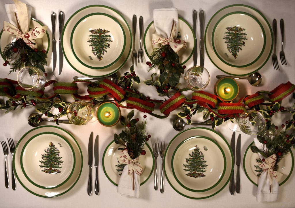Christmas Table Ideas - Spode's Christmas Tree with Christmas decorations, Christmas cups and Christmas scented candles.