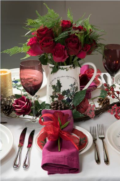 Portmeirion's The Holly & The Ivy Bella Jug with Christmas dinnerware set, Christmas cups and Christmas decorations.